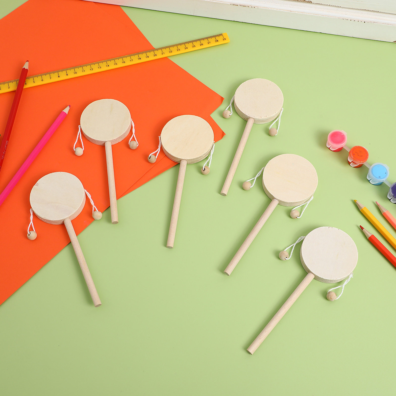 Musical Instrument Painting - 1Set Rattle Drum Wooden DIY Unfinished